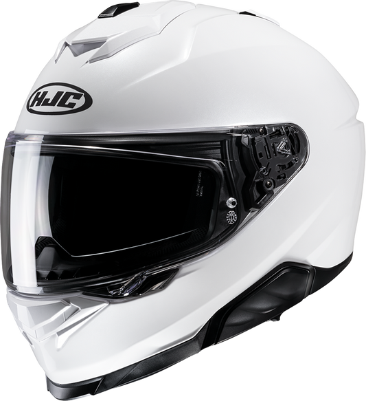 HJC i71 solid white helmet with advanced ventilation and smart Bluetooth compatibility, size XS, shown from side angle.