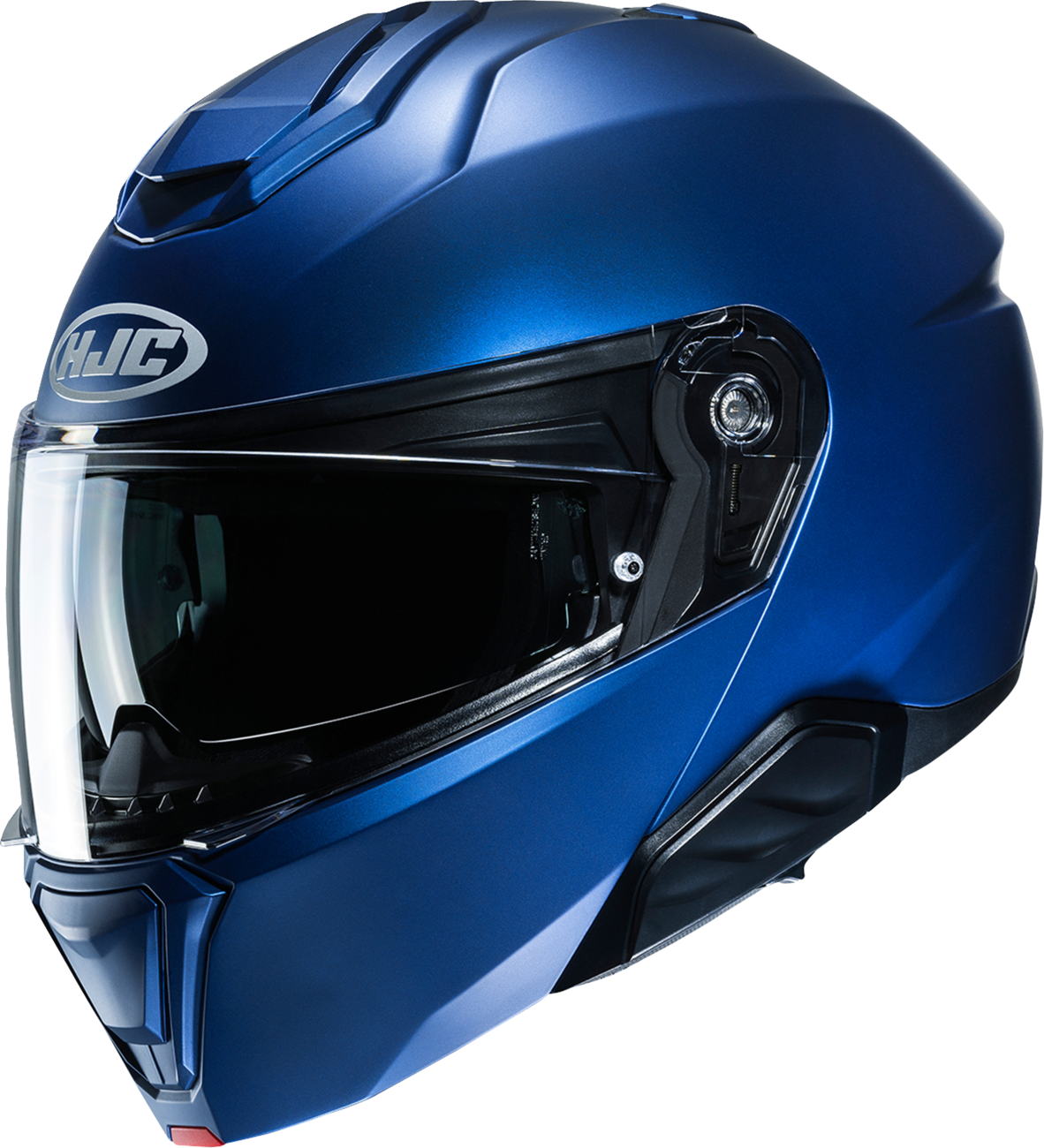 HJC i91 helmet in metallic blue with semi-flat design, integrated sun visor, and Bluetooth compatibility, size 3XL.