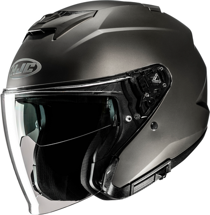 HJC i31 helmet in solid semi-flat titanium finish, XS size, featuring aerodynamic design and secure chin strap.
