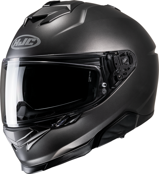 HJC i71 helmet in solid semi-flat titanium color, 2XL size, featuring aerodynamic design and secure chin strap