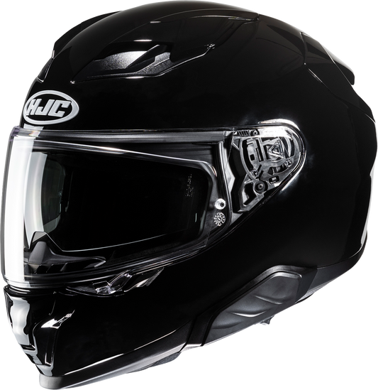 HJC F71 helmet in solid black with integrated Bluetooth and sun visor, large size, featuring aerodynamic design and secure fit.