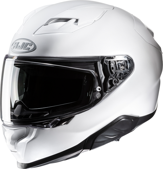 HJC F71 solid white motorcycle helmet with built-in Bluetooth system and advanced safety features, shown from side view.