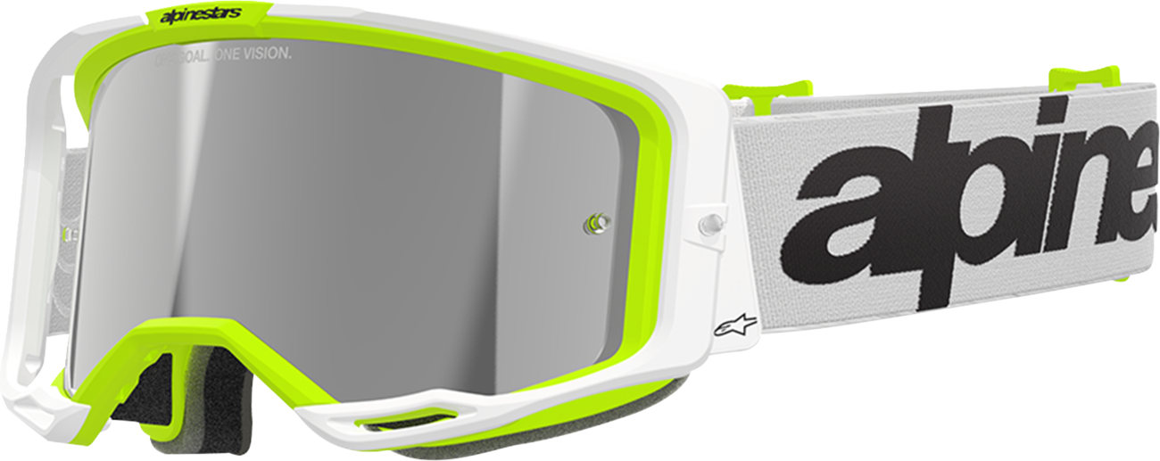 Alpinestars Vision 8 goggles with white/yellow fluo frame, silver mirror lens, designed for motorcycle riding.