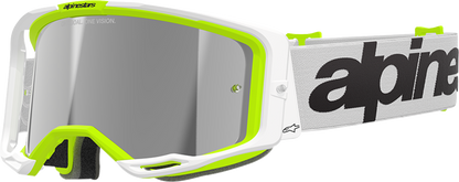 Alpinestars Vision 8 goggles with white/yellow fluo frame, silver mirror lens, designed for motorcycle riding.