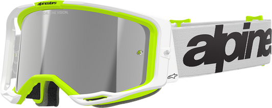 Alpinestars Vision 8 goggles with white/yellow fluo frame, silver mirror lens, designed for motorcycle riding.