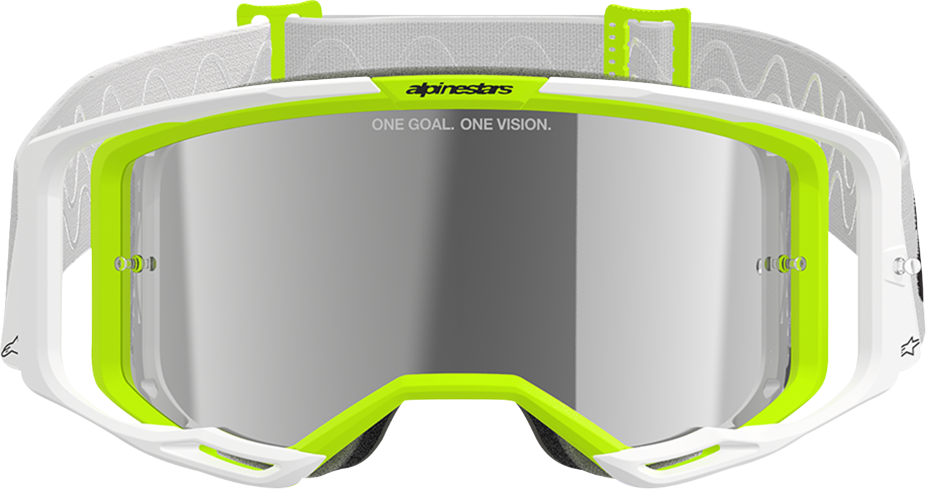 Alpinestars Vision 8 goggles with white and yellow fluo frame, silver mirror lens, designed for motocross or racing helmets.