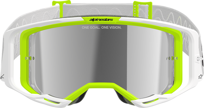 Alpinestars Vision 8 goggles with white and yellow fluo frame, silver mirror lens, designed for motocross or racing helmets.