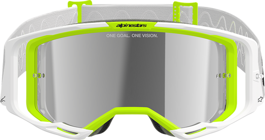 Alpinestars Vision 8 goggles with white and yellow fluo frame, silver mirror lens, designed for motocross or racing helmets.