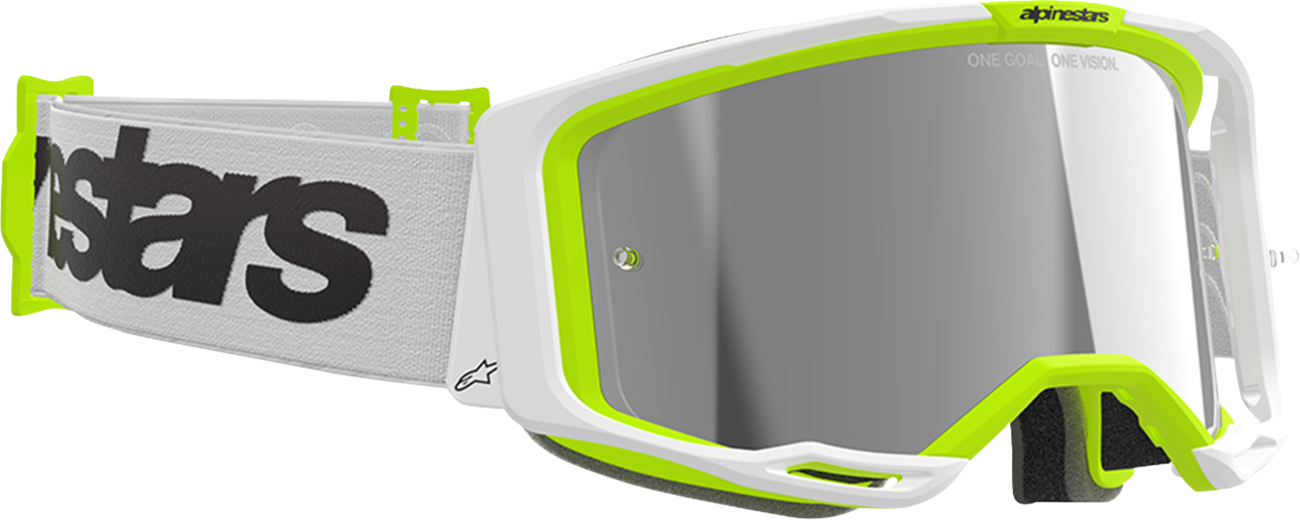 Alpinestars GOGGLES Vision 8 with white and yellow fluo frame, silver mirror lens, designed for motocross or off-road riding.