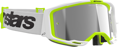 Alpinestars GOGGLES Vision 8 with white and yellow fluo frame, silver mirror lens, designed for motocross or off-road riding.