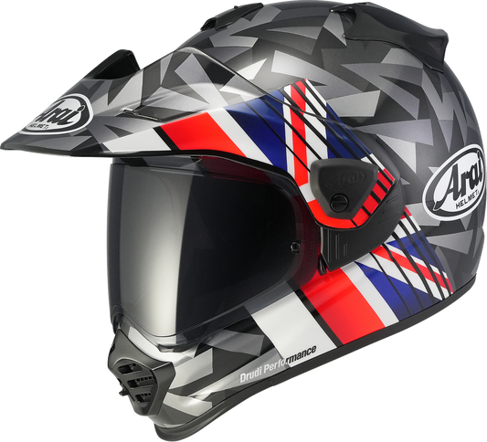 Arai XD-5 Nation UK motorcycle helmet in medium size, featuring a vibrant graphic design and sturdy construction.