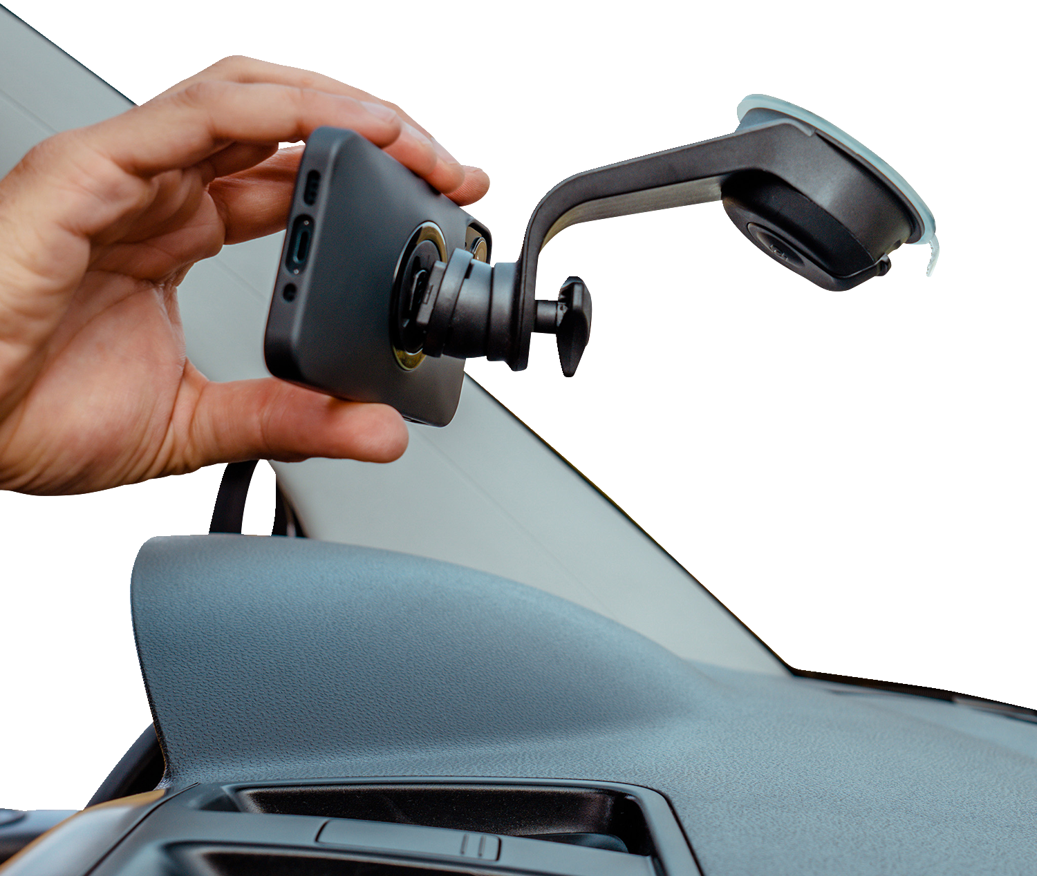 Bill's Exhausts SP CONNECT phone mount with suction cup attachment, securely holding a smartphone for easy access and navigation.