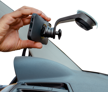 Bill's Exhausts SP CONNECT phone mount with suction cup attachment, securely holding a smartphone for easy access and navigation.