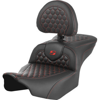SADDLEMEN Roadsofa™ motorcycle seat with backrest, honeycomb design, red stitching for FLTR/FLHX 2023-2024, by Bill's Exhausts.