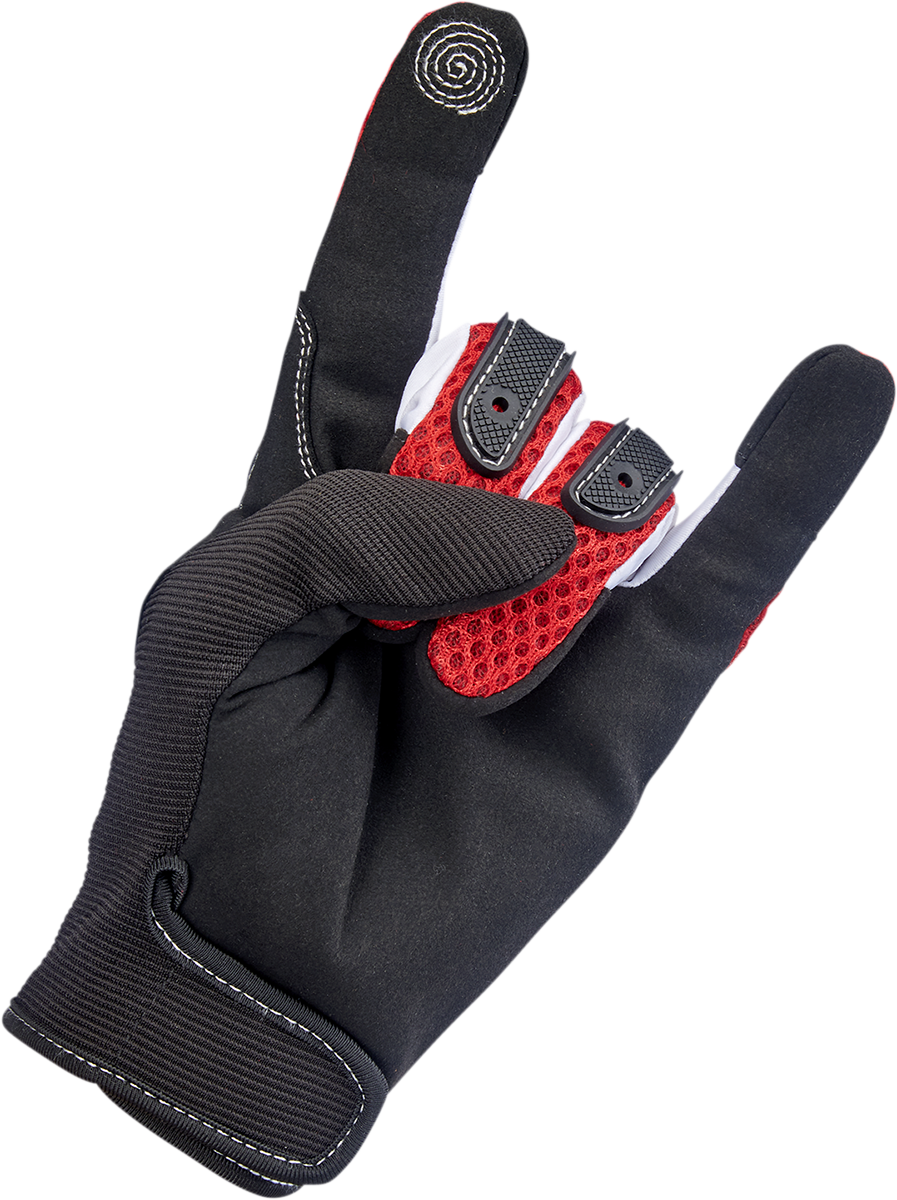 Red BILTWELL Anza Gloves in XS size, featuring durable leather and reinforced palms for motorcycle riding protection.