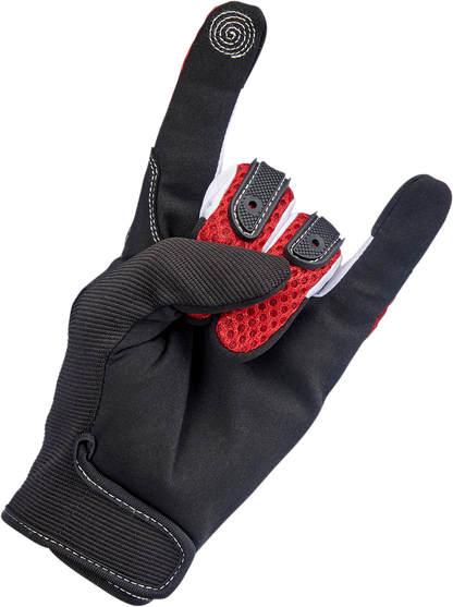 Red BILTWELL Anza Gloves in XS size, featuring durable leather and reinforced palms for motorcycle riding protection.