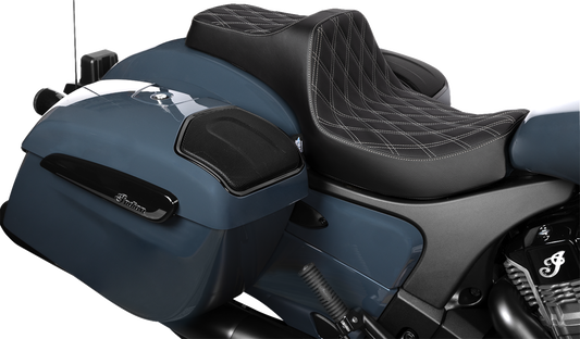 Drag Specialties Predator III 2-up vinyl motorcycle seat with double diamond pattern and silver stitching for Chieftain '25 and Challenger '20-'25