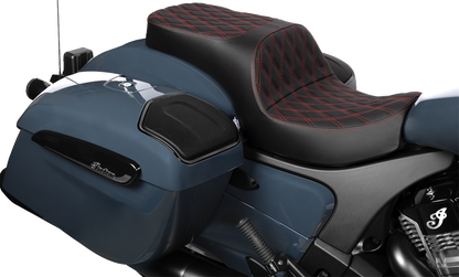 Drag Specialties Challenger and Chieftain Freedom Seat with red double diamond stitching, designed for 2020-2025 models.