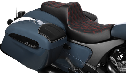 Drag Specialties Predator III 2-up seat for Indian Chieftain and Challenger models, featuring cushioned black leather upholstery.
