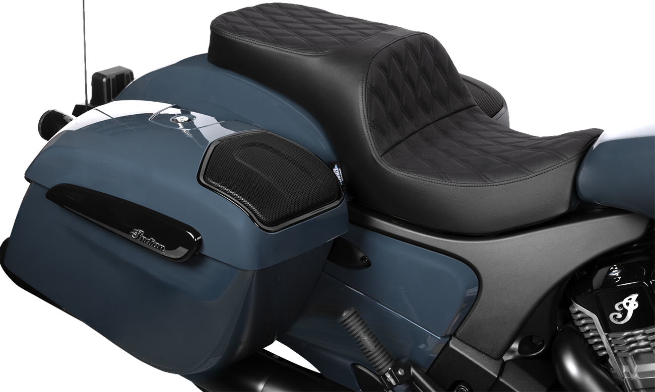 Drag Specialties seats, Freedom Vinyl black seat with double diamond stitching for Challenger 2020-2025 and Chieftain 2025 motorcycle.
