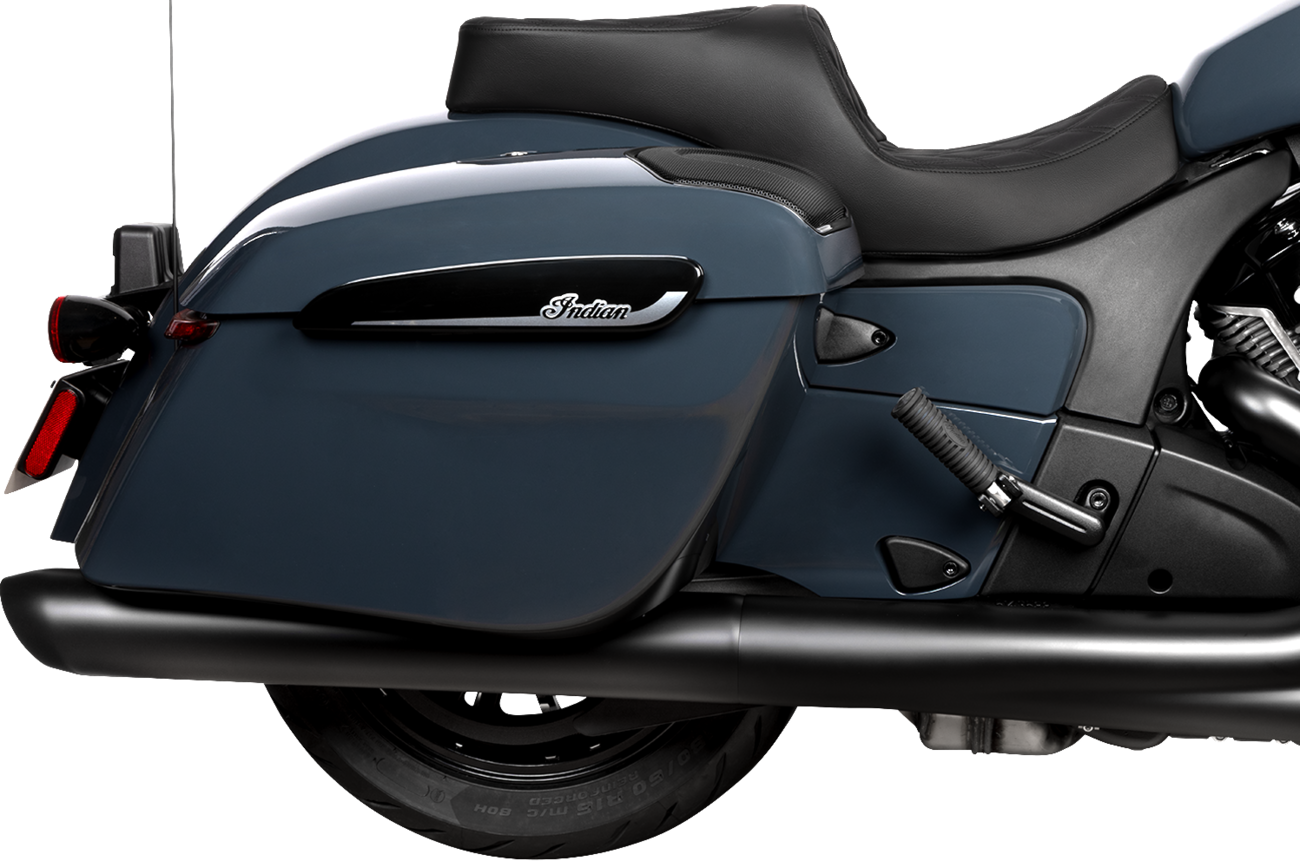 Drag Specialties Challenger and Chieftain seat with black diamond stitching and vinyl cover, model 4722B, for Harley motorcycles.