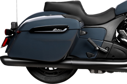 Drag Specialties Challenger and Chieftain seat with black diamond stitching and vinyl cover, model 4722B, for Harley motorcycles.