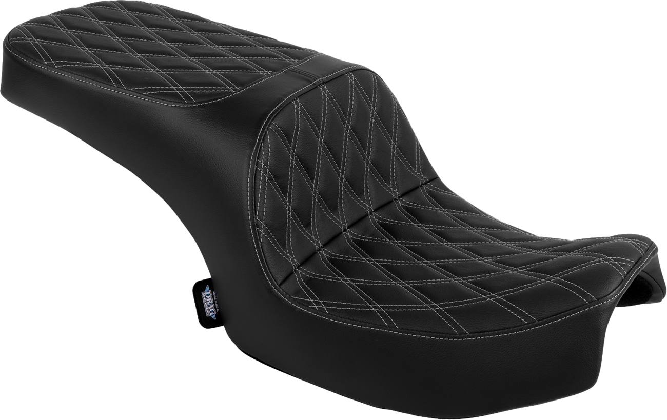 Drag Specialties Challenger and Chieftain vinyl seat with silver double diamond stitching, model #4722C, designed for motorcycle comfort.