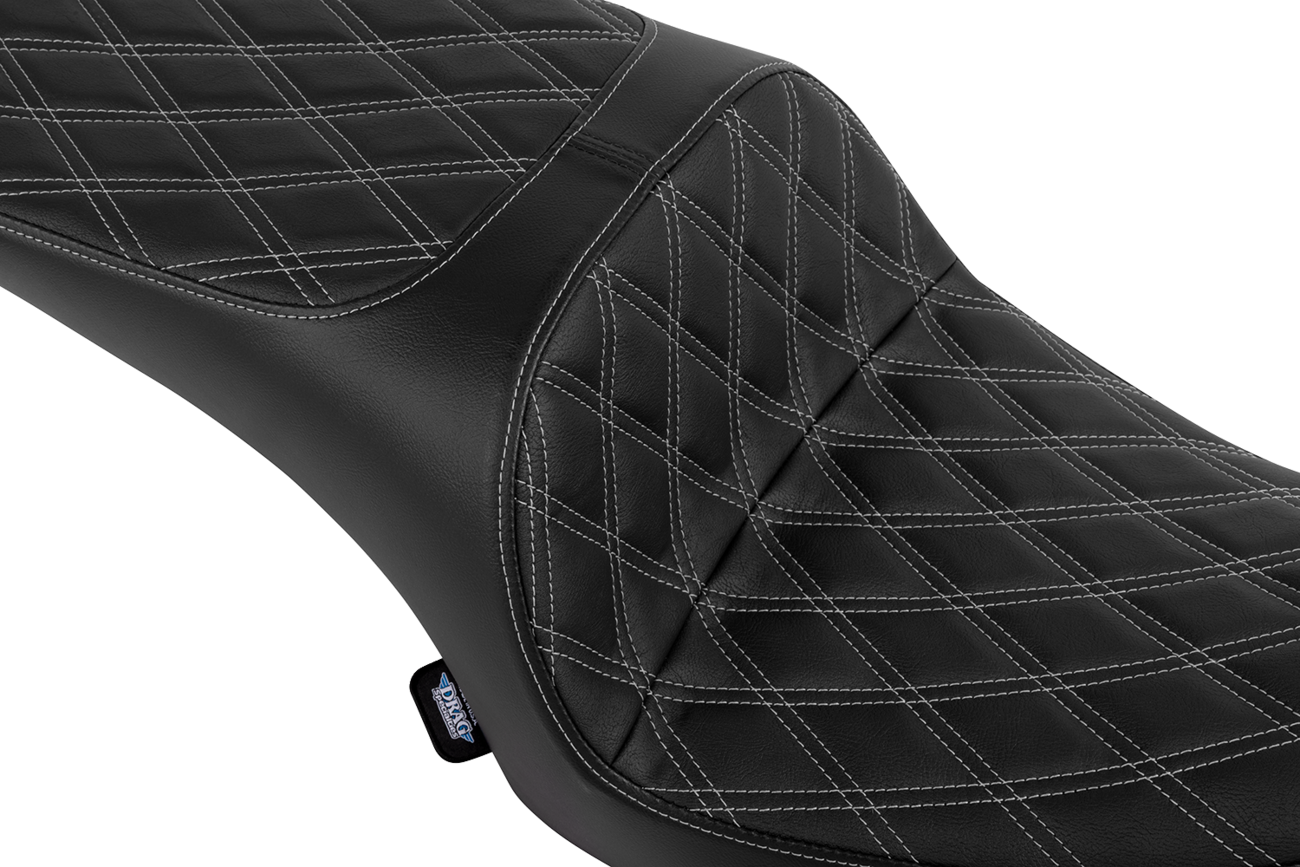 Drag Specialties Freedom Seat for Challenger and Chieftain motorcycles, vinyl with double diamond silver stitching.