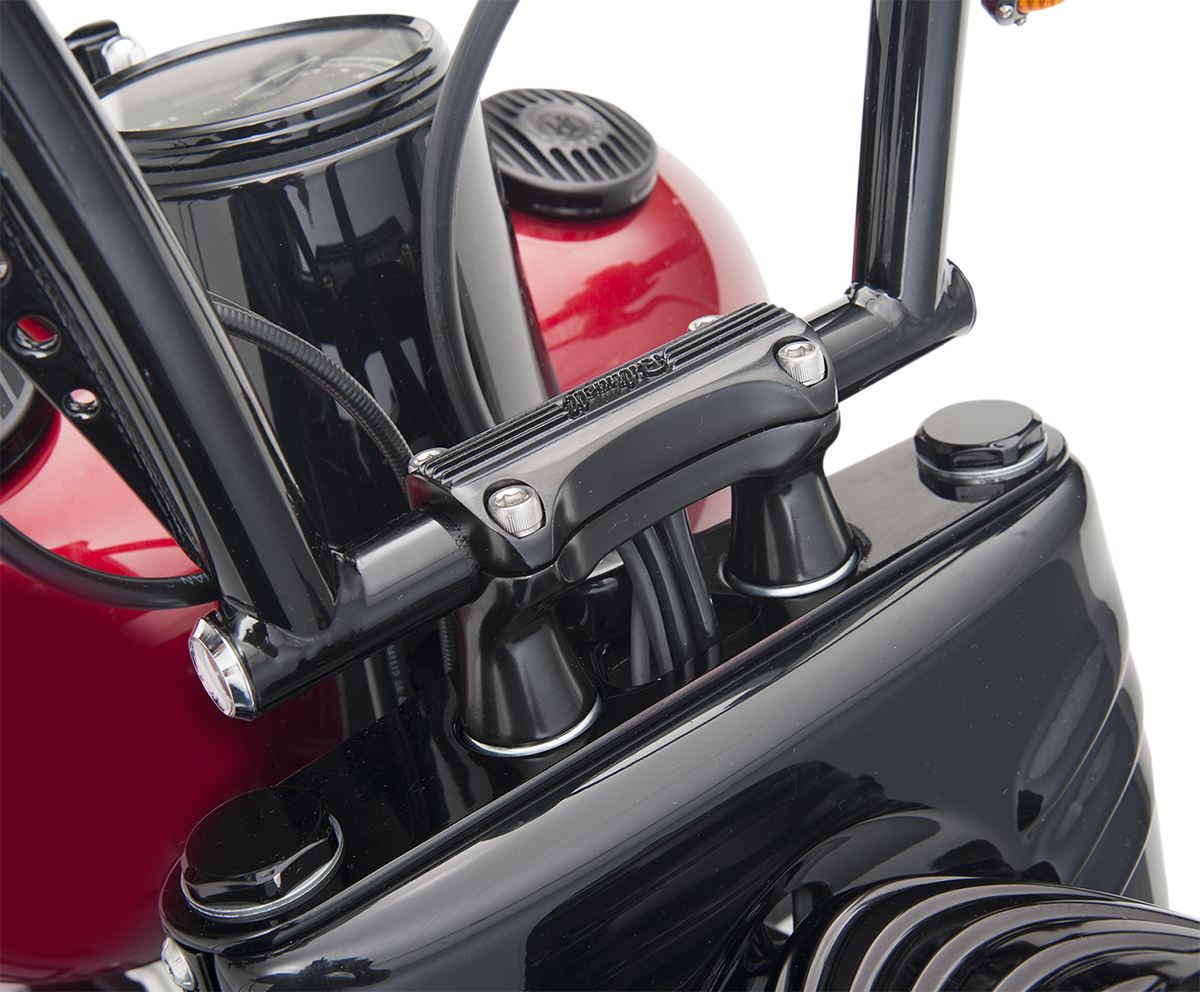 Bill's Exhausts BILTWELL Thunder 2-inch black handlebar risers, showcasing the sturdy metal construction and sleek design.