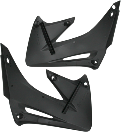 A black Acerbis radiator shroud for motorcycle body protection, with part number 2043590001, shown on a plain background.