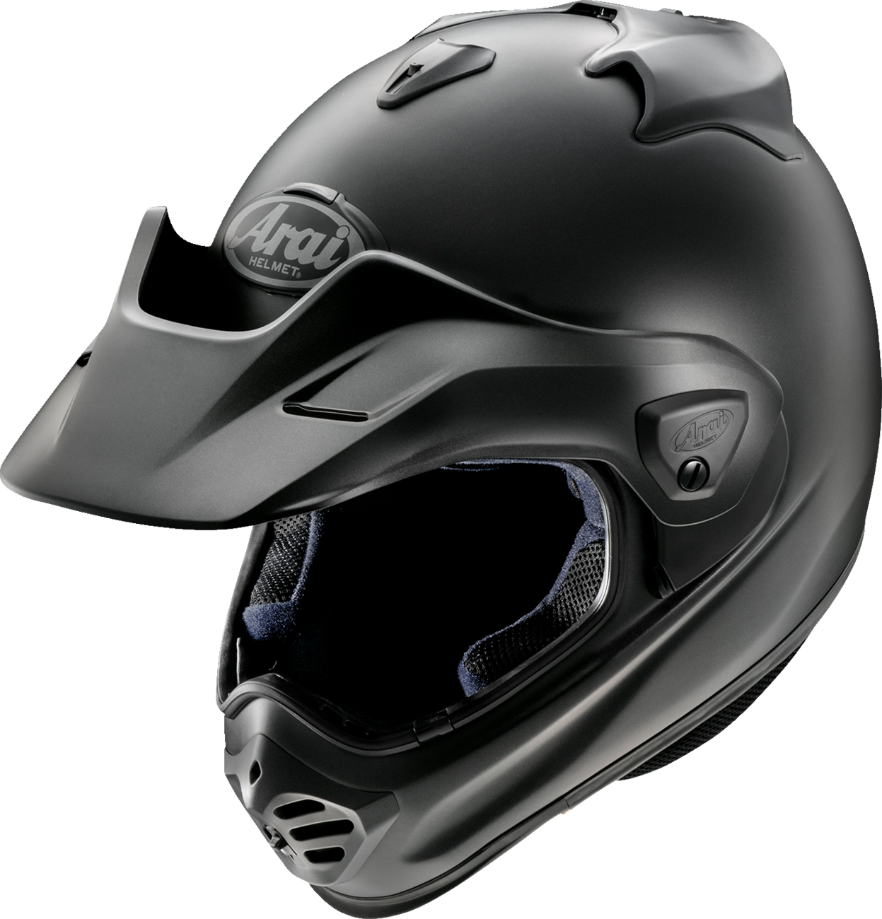 Arai XD-5 black frost motorcycle helmet by Arai Helmets with visor and ventilation, size large, shown from a front angle.