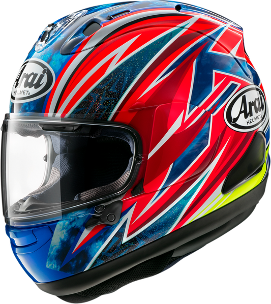 Arai Corsair-X motorcycle helmet in Ogura 2XL with VAS shield mechanism and advanced safety features, shown from the side.
