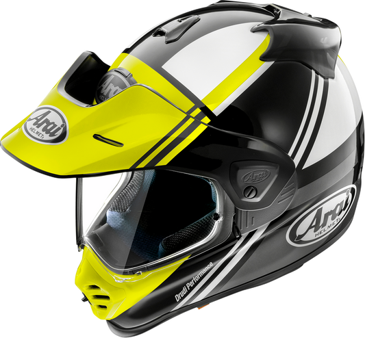 Arai XD-5 Cosmic Yellow motorcycle helmet by Arai Helmets, small size with vibrant yellow and black design, front view.