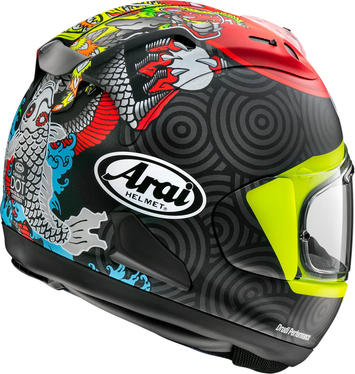Arai Corsair-X Tatsuki XL motorcycle helmet with VAS shield mechanism and advanced ventilation system.