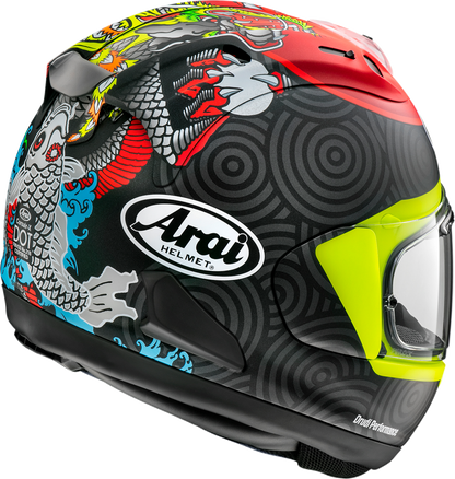 Arai Corsair-X Tatsuki XL motorcycle helmet with VAS shield mechanism and advanced ventilation system.