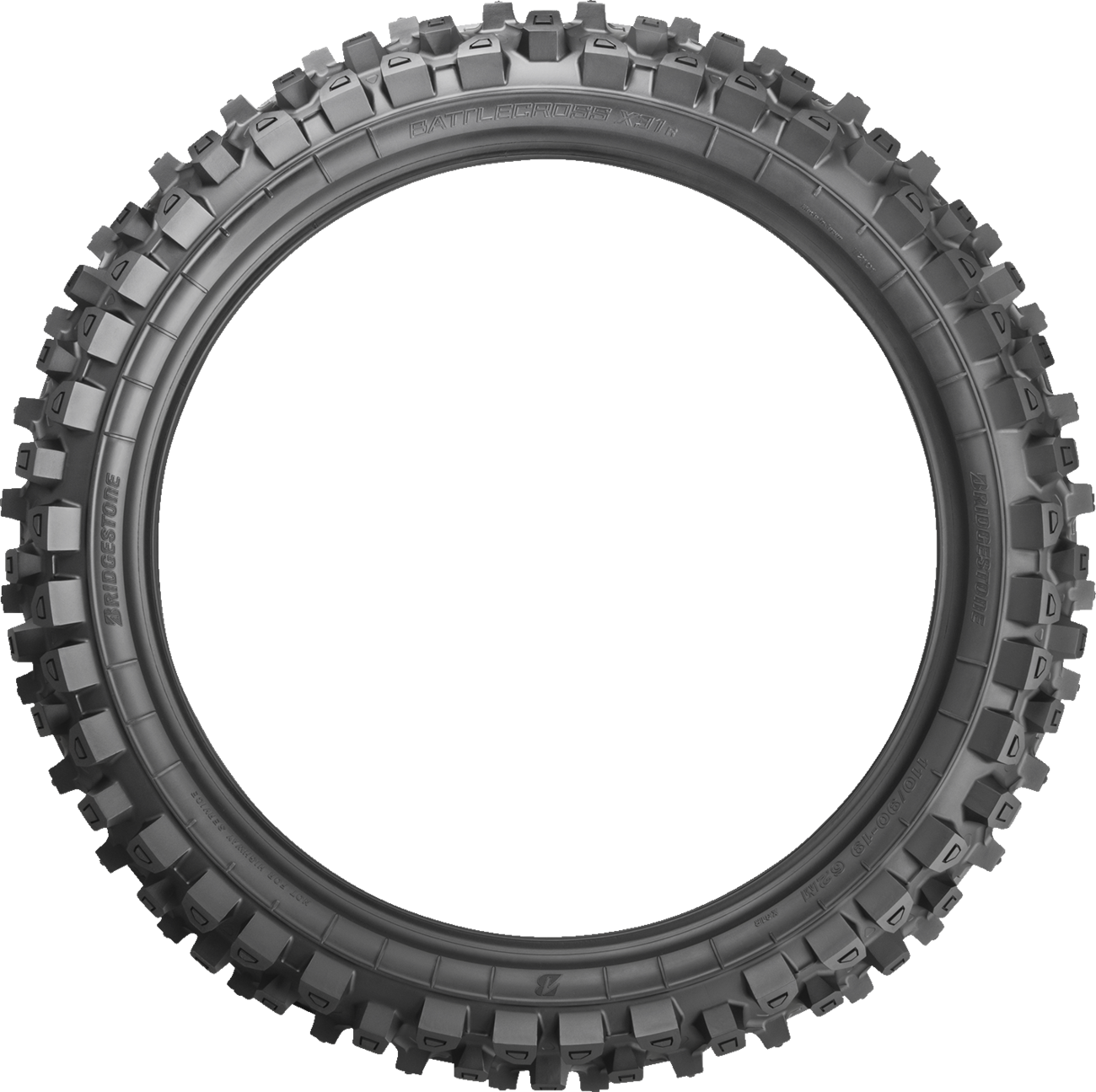 Bridgestone Battlecross X31 rear motorcycle tire, 90/100-16 size, designed for off-road dirt bike riding.