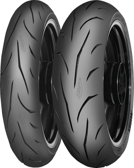 MITAS Sport Force+ rear motorcycle tire 140/70ZR17 for supersports and street naked bikes, shown mounted on wheel.