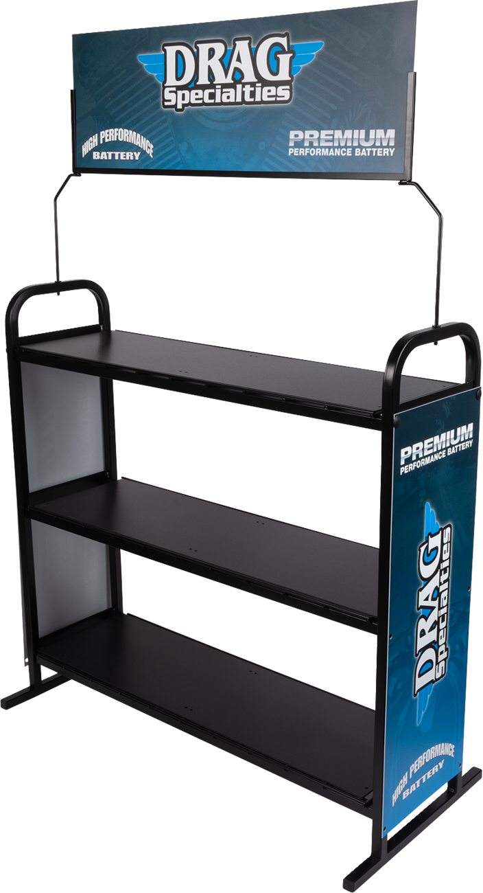 Drag Specialties DRG900RACK battery display rack with multiple slots for motorcycle batteries, black metal construction.
