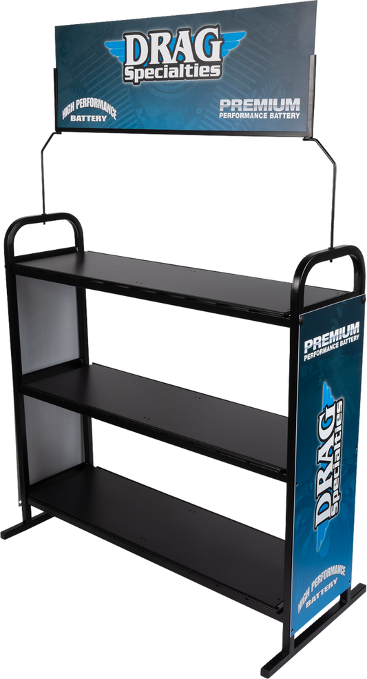 Drag Specialties DRG900RACK battery display rack with multiple slots for motorcycle batteries, black metal construction.
