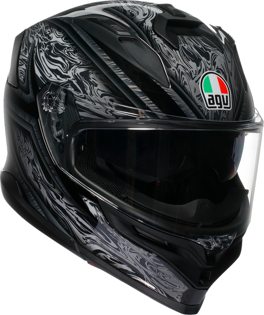 AGV K7 motorcycle helmet in Damascus Black and Silver with a sleek design, medium size, featuring aerodynamic styling.