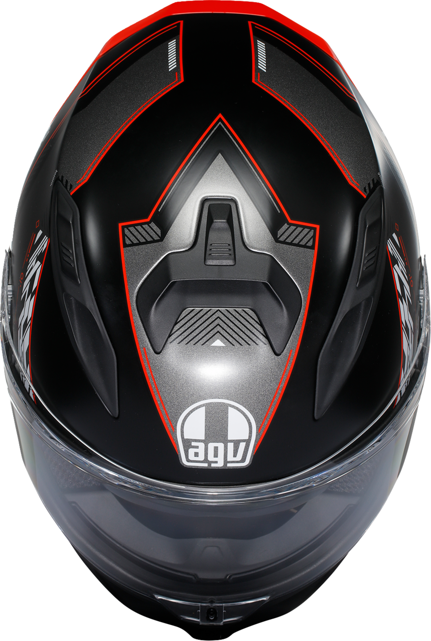 AGV K7 racing helmet in matte black and red with aerodynamic design and Pinlock MaxVision visor, medium size, front view.