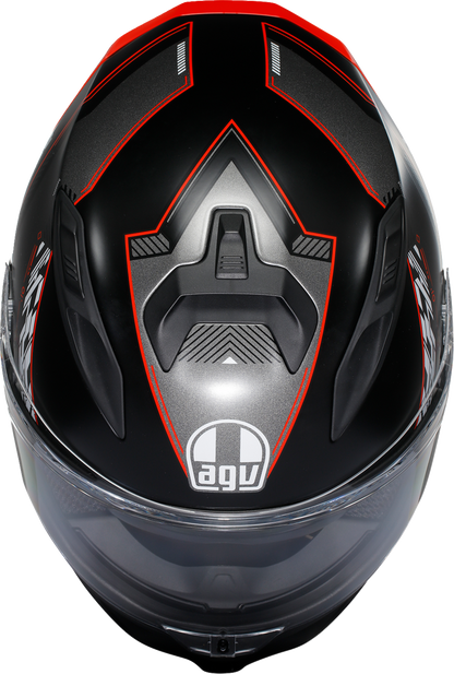 AGV K7 racing helmet in matte black and red with aerodynamic design and Pinlock MaxVision visor, medium size, front view.