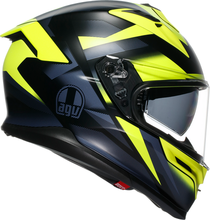 AGV K7 helmet in matte black and yellow fluo with large size, featuring aerodynamic design and ventilation for motorcycle riding.