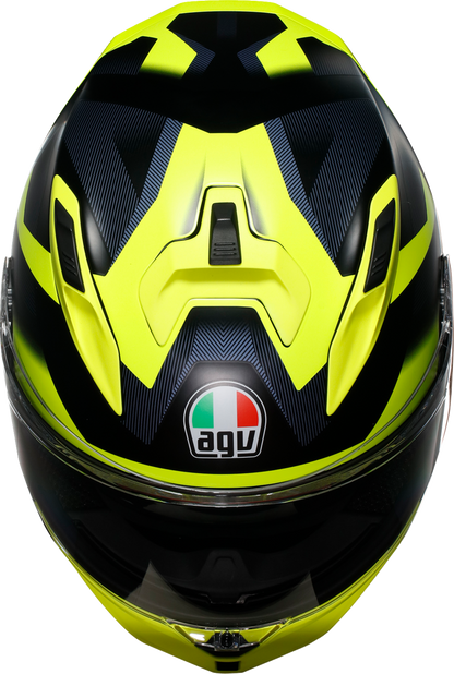 AGV K7 helmet in Glimpse Matte Black and Yellow Fluo, large size, with aerodynamic design and ventilation features.
