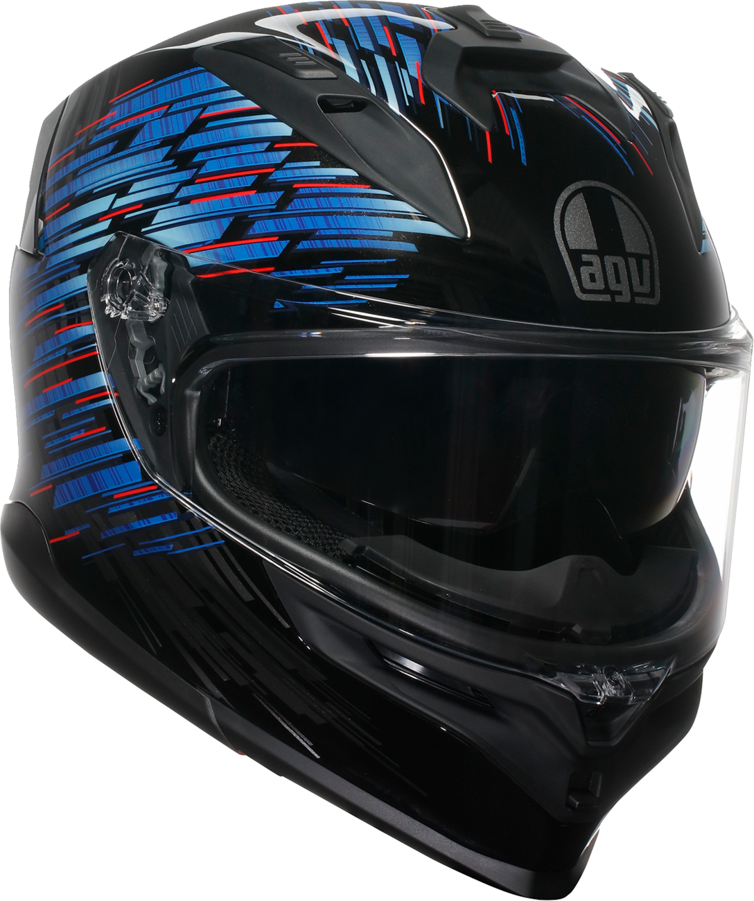 AGV K7 Genisys motorcycle helmet in medium size, black, blue, and gray with advanced aerodynamic design and sleek finish.