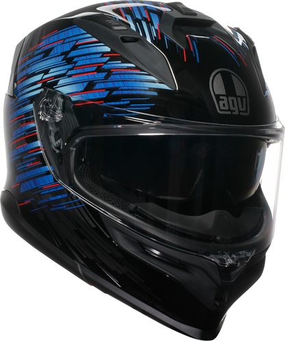 AGV K7 Genisys motorcycle helmet in medium size, black, blue, and gray with advanced aerodynamic design and sleek finish.