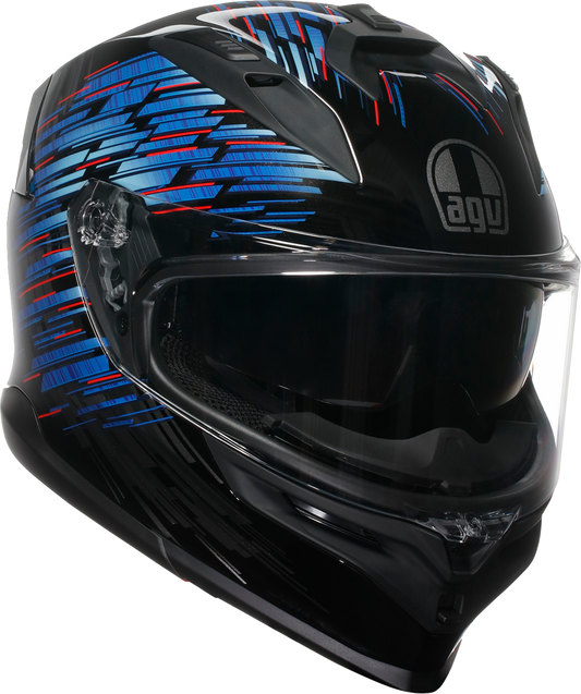 AGV K7 Genisys motorcycle helmet in black, blue, and gray with XL size, featuring aerodynamic design and clear visor.