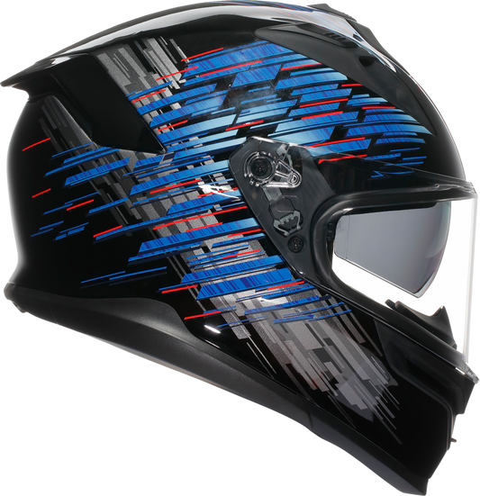 AGV K7 Genisys motorcycle helmet in black, blue, and gray with XL size, featuring aerodynamic design and clear visor.