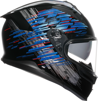 AGV K7 Genisys motorcycle helmet in medium size with black, blue, and gray colors, featuring an aerodynamic design and advanced safety features.