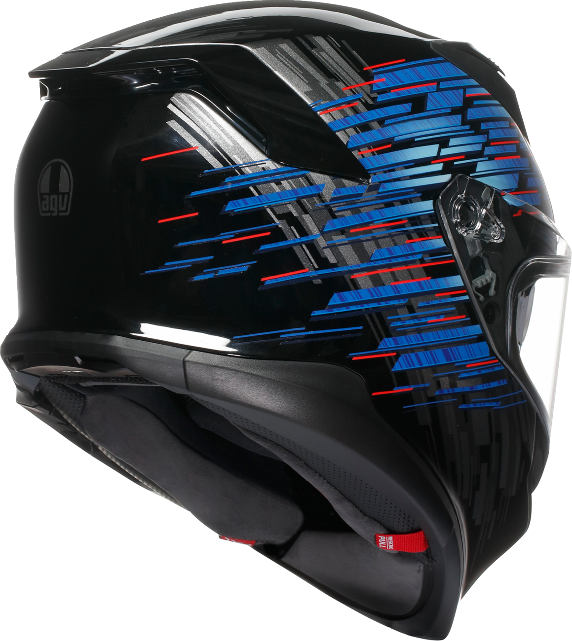 AGV K7 Genisys motorcycle helmet in medium size with black, blue, and gray colors, featuring advanced aerodynamic design.